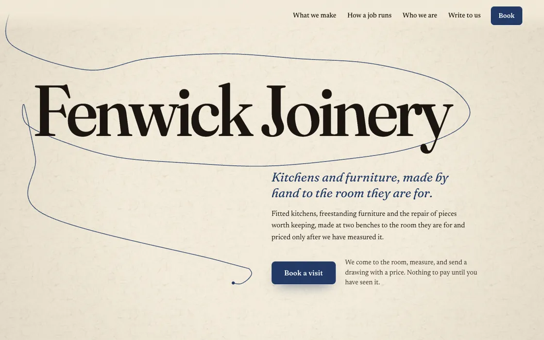 An example website for a joinery in a warm paper style, the name set large with a pen line drawn around it